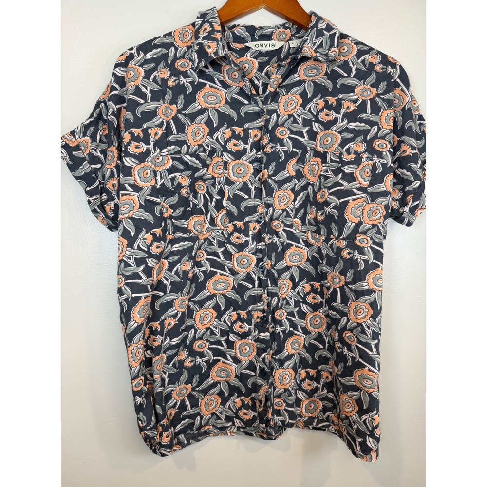 Orvis Womens Button Down Shirt Large Cottagecore Casual Camp Shirt Floral Nature